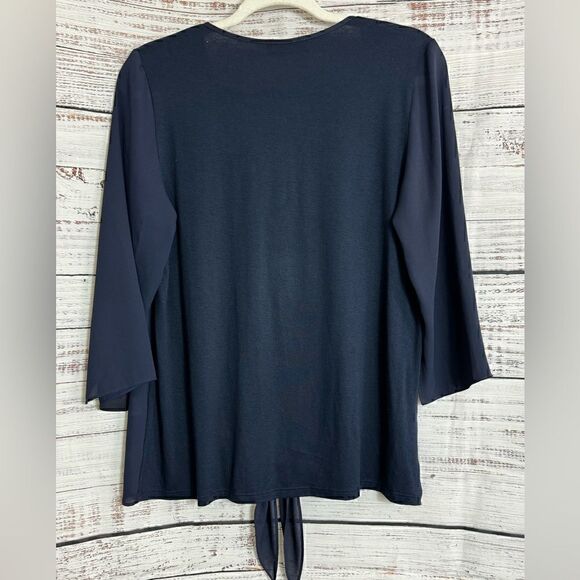 Lola & Sophie Blouse Womens Size Small V Neck tie front Polly Chiffon Navy Blue - Picture 3 of 10